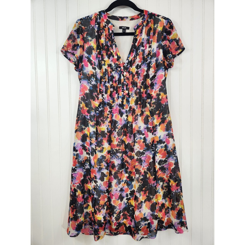 MSK Womens Floral Chiffon V-Neck Pintuck Pleated A-Line Dress Size 8 Multicolor